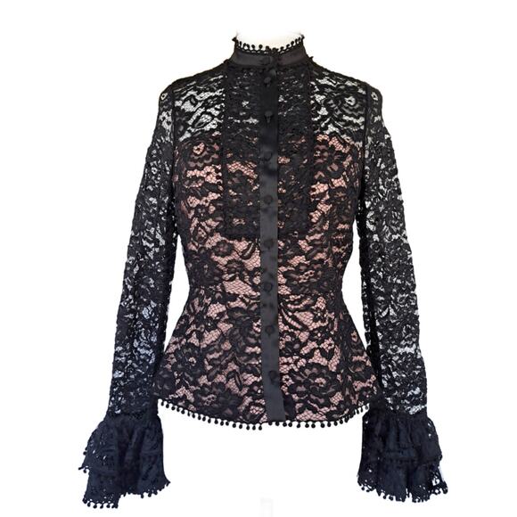 ALEXIS Inna Black Lace Top Medium 4/6 Revolve High Neck Ruffle Long Sleeve - Picture 2 of 12